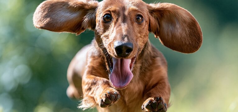 In a sunlit park, a joyful dachshund springs forward with eager eyes and outstretched paws.
