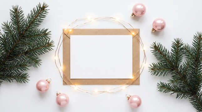 Blank white paper card in a brown envelope surrounded by green fir branches, pink christmas baubles, and glowing fairy light string