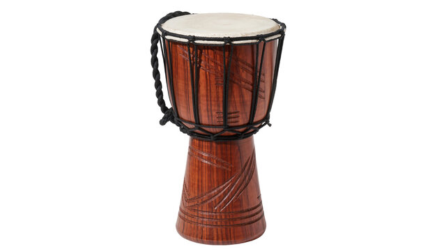 Carved wooden djembe drum with rope detailing, isolated on transparent background
