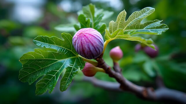 Close-up of a ripe fig on a branch, surrounded by lush green leaves in a sunlit garden, bringing the vibrancy of nature to the foreground.
