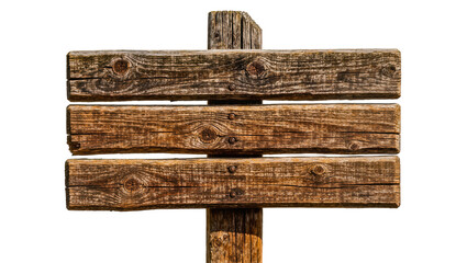 Rustic wooden signpost with three horizontal planks, isolated on transparent background © Sorin