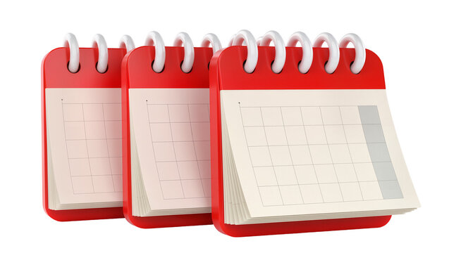 Three red desk calendars with blank pages, isolated on transparent background