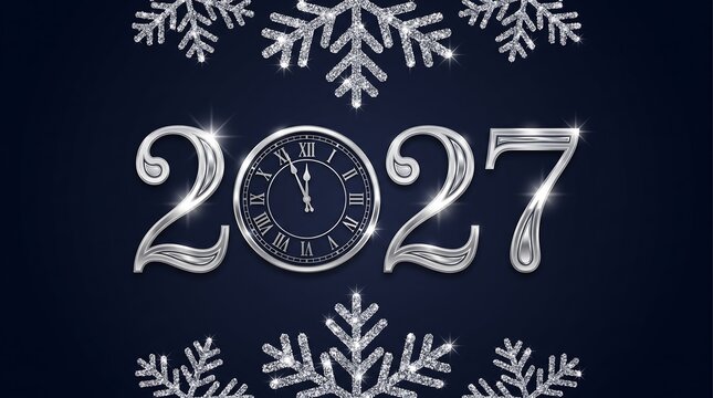 Silver 2027 numbers with a clock face and sparkling snowflake ornaments on a dark blue background, for new year, eve countdown celebration