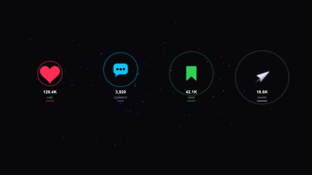 Digital social media interaction metrics with like comment save and share buttons on dark