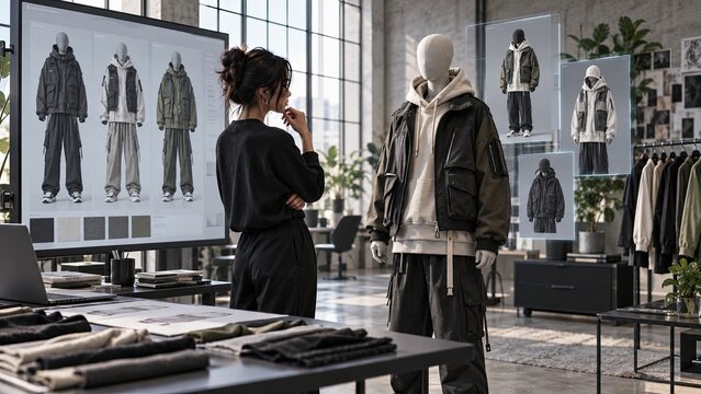 Fashion designer reviews virtual garment fittings beside a physical mannequin sample in a modern clothing studio.