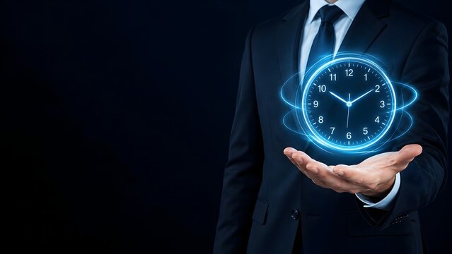 Businessman Holding Glowing Digital Clock Interface for Time Management and Deadline Concept