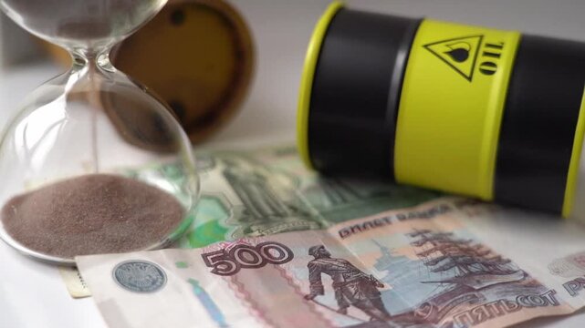 Hourglass flows beside oil drum and currency. Money and oil symbolize time, value, and resource scarcity. No people, no animals, no plants shown. Ideal for financial, economic