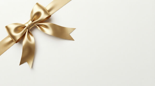 Elegant golden satin ribbon tied into luxurious bow placed in upper left corner of clean white background for gift presentation.