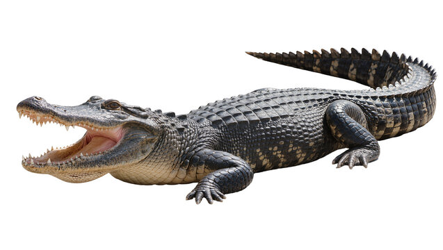 Reptilian alligator with open mouth and sharp teeth, isolated on transparent background