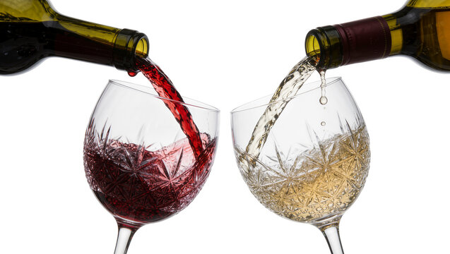 Red and white wine being poured from bottles into crystal glasses, isolated on transparent background