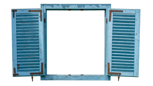 Rustic blue wooden window with open shutters, isolated on transparent background