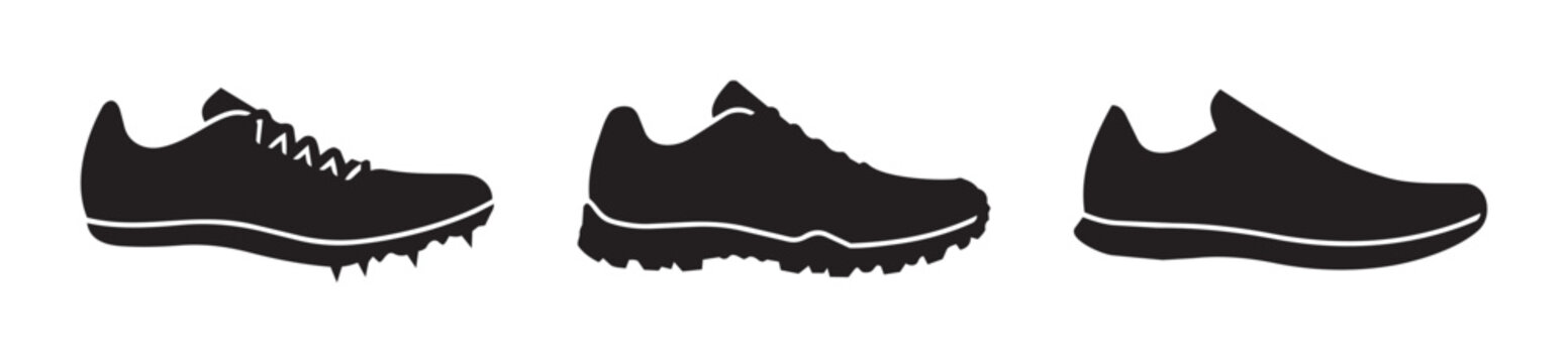 Athletic shoe silhouettes set with running spikes, trail runner and casual sneaker for sports
