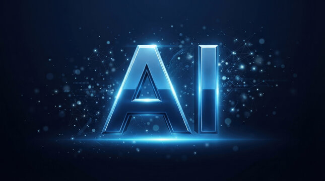 Futuristic artificial intelligence letters glowing with bright blue light over dark tech background with particles and bokeh.