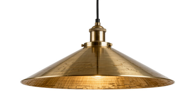 Antique brass cone pendant light fixture with visible bulb, isolated on transparent background