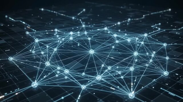 Abstract digital network connectivity with glowing blue nodes and interconnected lines representing global data communication, blockchain technology, and future cybersecurity concepts