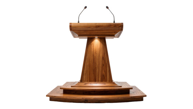 Polished wooden podium with two microphones illuminated from below, isolated on transparent background