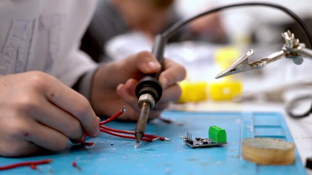 Hands work with soldering iron and wires. Tools rest on blue mat nearby. Focus on careful, precise task. Great for electronics or DIY projects. No animals or plants present