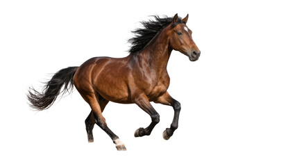 Brown horse with flowing mane and tail galloping fast, isolated on transparent background © Corotaev