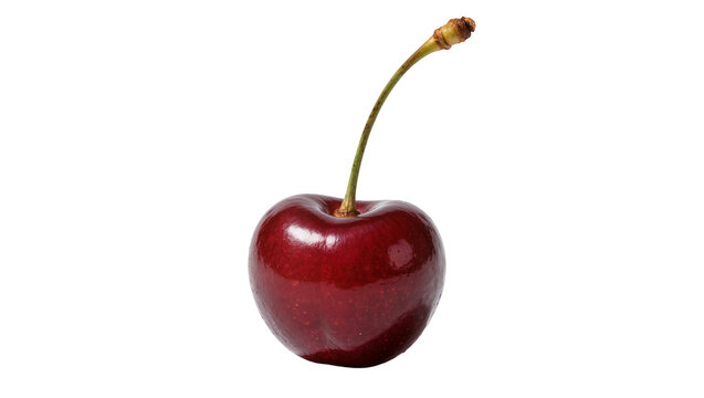 Single ripe dark red cherry with stem, isolated on transparent background