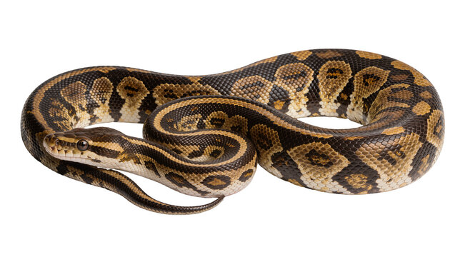 Brown and black patterned python coiled, isolated on transparent background