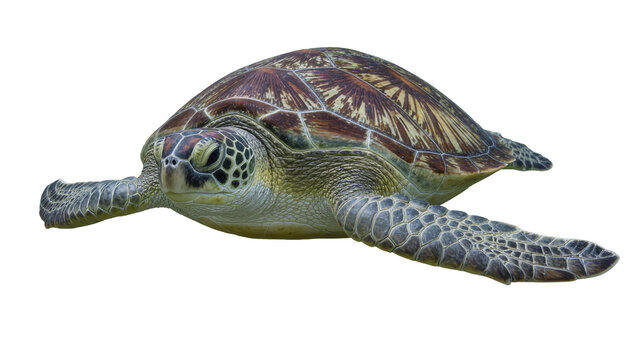 Green sea turtle with patterned shell, isolated on transparent background