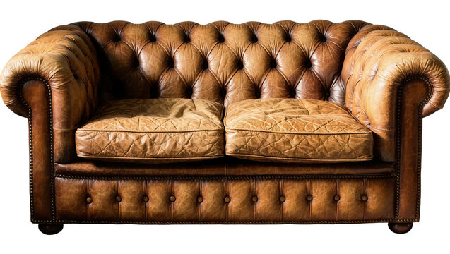 Brown leather Chesterfield sofa with tufted back and diamond-stitched cushions, isolated on transparent background