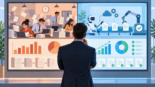 Businessman reviews a split-screen dashboard comparing paper-based office workflows with automated AI processes and digital analytics.
