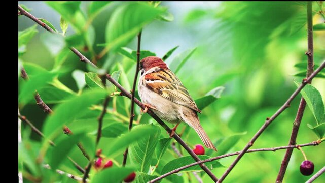 Small bird perches on cherry branch. Green leaves surround it softly. Red berries gleam nearby. Birds face forward, alert. Natural woodland setting. Ideal for nature, wildlife, or seasonal themes