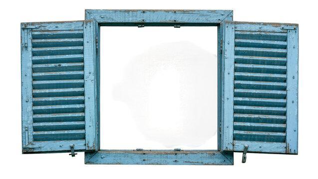 Rustic weathered blue wooden shutters open, isolated on transparent background