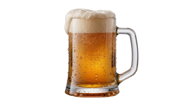 Frothy amber beer in a glass mug with condensation, isolated on transparent background