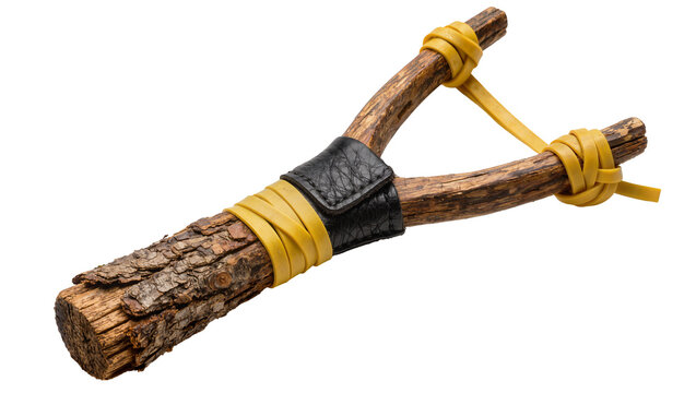 Rustic wooden slingshot with yellow elastic bands and black leather grip, isolated on transparent background