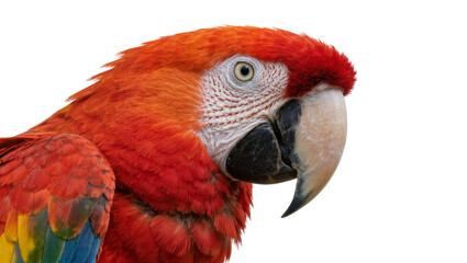 Scarlet macaw parrot head with vibrant red plumage, isolated on transparent background © Corotaev