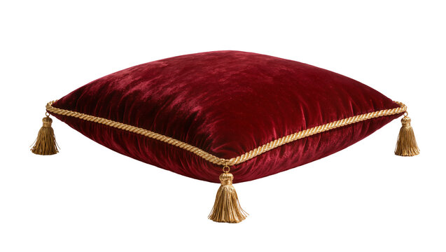 Plush deep red velvet cushion with gold rope trim and tassels, isolated on transparent background
