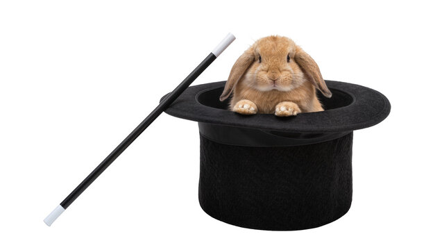 Fluffy brown bunny rabbit emerging from a black top hat with magic wand, isolated on transparent background