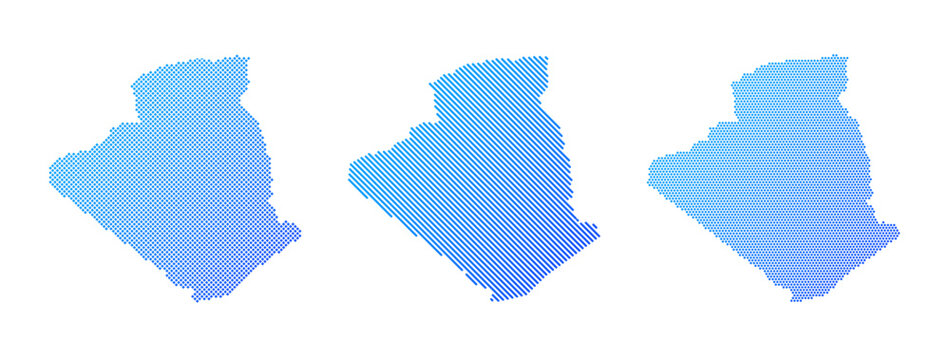 Algeria - Collection of stylized country silhouettes in three graphic patterns: dotted, diagonal striped and halftone. Clean blue vector designs isolated on white.