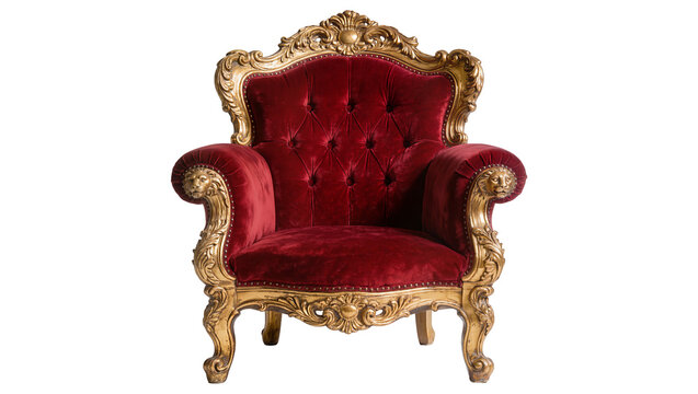 Ornate red velvet armchair with gilded carvings, isolated on transparent background