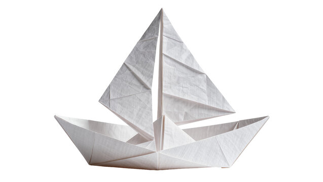 White origami sailboat with folded paper sails, isolated on transparent background