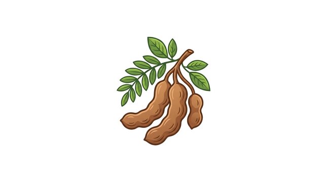 Tamarind fruit pods hanging from a branch with green compound leaves, vector illustration isolated on a white background.