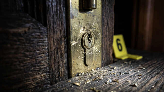 Extreme macro close-up of a damaged brass door lock at a burglary crime scene, highlighting tiny scratches around the keyhole, wood fragments, and an evidence marker in the background.