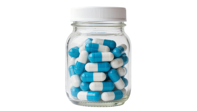 Glass medicine bottle filled with blue and white capsules, isolated on transparent background