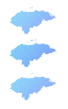 Honduras - Collection of stylized country silhouettes in three graphic patterns: dotted, diagonal striped and halftone. Clean blue vector designs isolated on white.
