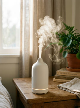 Aromatherapy ceramic steam sleek white minimalist diffuser home relaxation modern decor natural wellness interior table sunlight plant cozy peaceful fresh essential oil mist healthy lifestyle