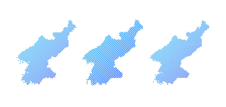 Korea North - Collection of stylized country silhouettes in three graphic patterns: dotted, diagonal striped and halftone. Clean blue vector designs isolated on white.