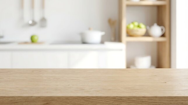 Wooden kitchen countertop with blurred home interior background