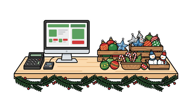 Festive desktop setup with ornaments and a computer monitor illustration
