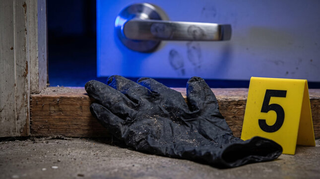 Extreme close-up of a black disposable glove abandoned beside a doorway during a crime investigation, featuring a numbered yellow evidence marker and moody blue police scene lighting.