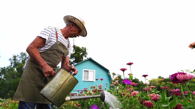 Old man waters colorful flowers in garden. He wears straw hat and apron. Water sprays gently over vibrant blooms. Light blue house stands behind the garden. Scene feels peaceful and caring