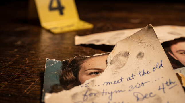 Extreme close-up of a torn photograph and handwritten note on a crime scene table, showing partial faces, detailed paper fibers, and a yellow evidence marker in a moody mystery setting.