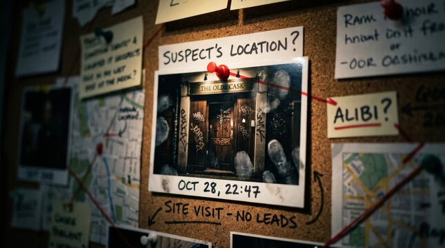 Close-up of a detective's messy investigation board focusing on pinned photographs, handwritten notes asking for suspect locations, connecting lines, and moody office desk illumination.
