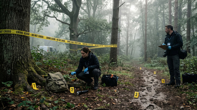 A secluded misty forest clearing investigated by detectives at daytime, featuring an abandoned backpack beneath a tree, scattered evidence markers, and bright yellow police caution tape.